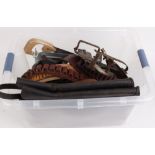 Box containing two gin traps, dummies, ground anchor, deer trophy jigsaw, cartridge belts,