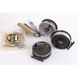 Intrepid, Leeda and a centre pin trout reels and lines, quantity of flies