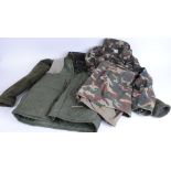 Camo cold weather coat, size L; Clyde Valley fleece and quilted gillet, size M