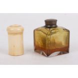 Marine ivory cylindrical striker box, together with cut glass oil bottle with nickel plated lid