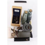 Box containing two glass flasks of lead shot, Lee Enfield hardware, cleaning kit, leather shot