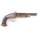 .450 Belgian percussion pistol, c.1850, 6,1/4 ins half stocked octagonal steel barrel with ramrod,