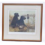 Framed and glazed coloured print: Black Labradors by John Tricket