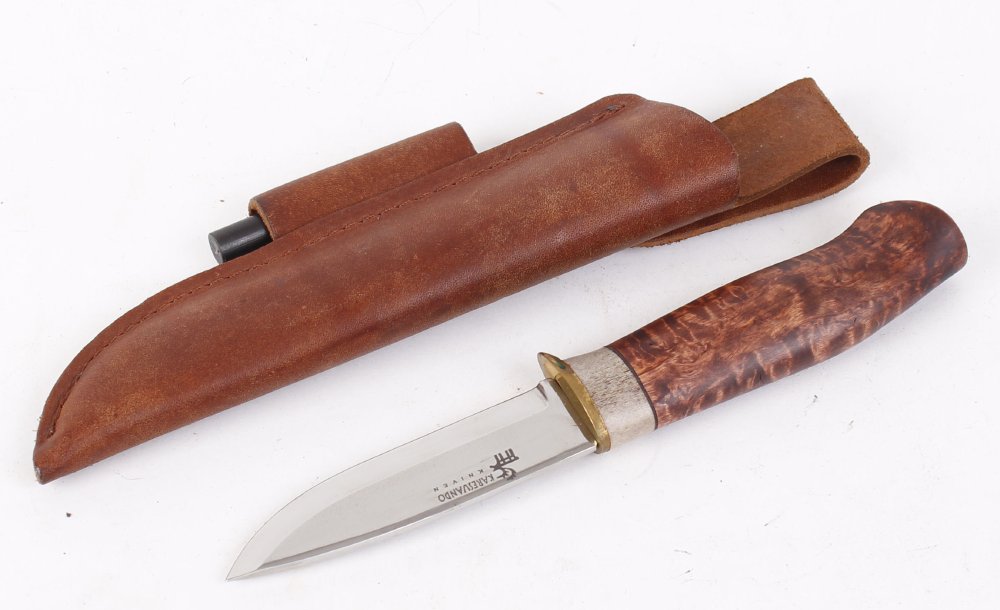 Swedish hunting knife by Karesuando, 4 ins single edged polished blade, wood grip, in leather sheath