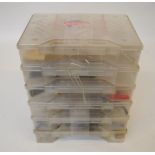 6 Plastic parts boxes with sundry gun parts, BRNO, AYA, Webley, etc.