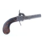 Percussion pocket pistol with turn off barrel, boxlock action, (trigger guard missing), slab sided