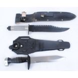 Jimmy Lyle type survival knife with 10 ins saw back blade and hollow handle in sheath; divers
