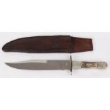 Presentation bowie knife, 9 ins double edged clipped blade stamped Sheffield, decorated white