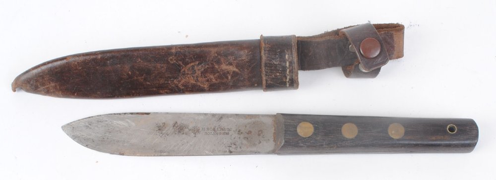 German hunting knife with 5,1/4 ins blade stamped H Boker & CO. Solingham, brass studded wood