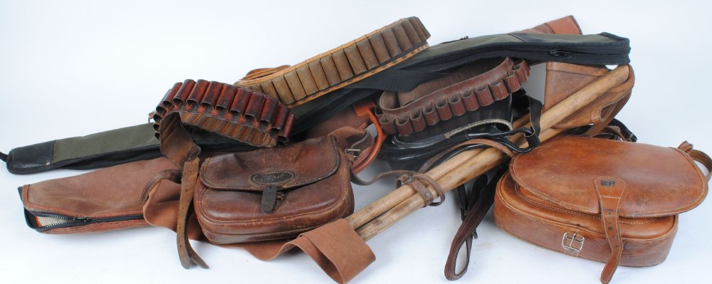 Four various cartridge bags; three various cartridge belts; two fleece lined gun slips; three legged