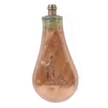 Copper and brass bell shaped powder flask with embossed Sportsman and dog, (secret spring a/f)