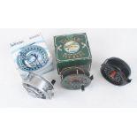 Shakespeare Glider fly reel, boxed; Silstar FG-6, fly reel; Silver Shadow, #5/8 fly reel, boxed