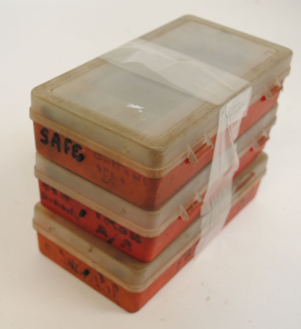 3 Plastic parts boxes with sundry gun parts