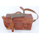 Heavy leather stitched cartridge bag, suede lined interior, leather securing straps, 13 x 8 x 6 ins