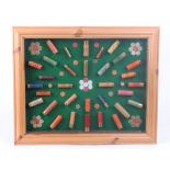 Glazed cartridge display board with .410, 20 and 16 bore cartridges by Purdey, Gallyon, Eley, etc.