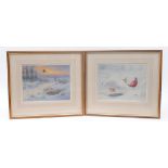 Two framed and glazed coloured prints Pheasants and Partridge in the Snow by Richard Robjent, Ltd Ed