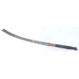 Oriental temple sword with slightly curved single edged blade, concave stop end, decorated brass