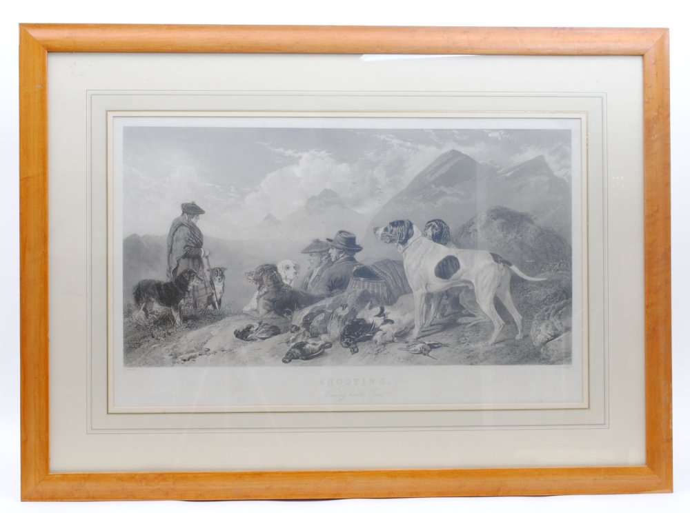 Framed and glazed engraving entitled Shooting - Waiting for the Guns, by G. Paterson, 37 x 27,1/2