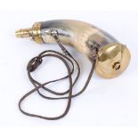 Horn powder flask, turned brass end cap and common adjustable brass spout, with leather lanyard on