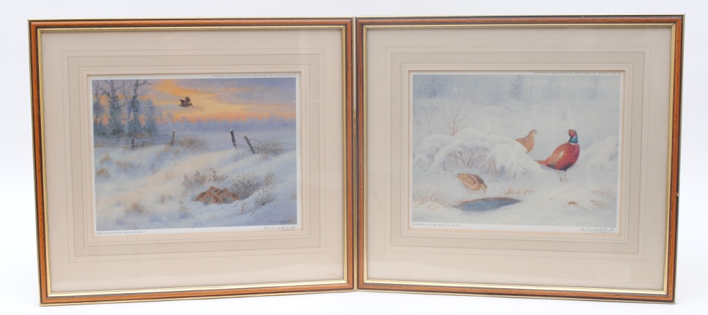 Two framed and glazed coloured prints Pheasants and Partridge in the Snow by Richard Robjent, Ltd Ed