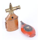 Unusual powder tin with adjustable brass measuring plunger type spout and viewing window, mounted
