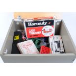 Cupboard containing quantity of reloading equipment, scales, primers, ammo boxes etc.