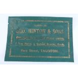 Original Geo Hinton trade label, c.1920