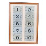 Early Eley stand indicators display board, complete set of ten, framed & glazed showing Eley