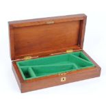 Mahogany pistol case, green baize lined fitted interior,14 x 6,1/4 ins, with key