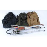 Box containing shooting stick umberella; felt duffle bag; canvas ruck sack; black back pack;