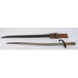 Chassepot bayonet with brass grips, metal scabbard and leather frog