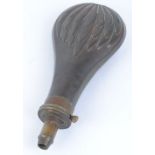 Copper and brass powder flask with embossed leaf decoration, stamped Patent