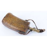 Ramshorn powder flask, eastern style engraving, brass spout, leather lanyard, 8,1/2 ins overall