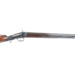 8 bore Percussion single bank gun, 33,1/2 ins half stocked brown damascus barrel, wood (replacement)