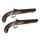 Cased pair 28 bore percussion travelling pistols by Simmons, 7,1/4 ins brown damascus octagonal full