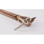 Three hazel sticks, each with stag antler handles, lengths approx. 50 ins