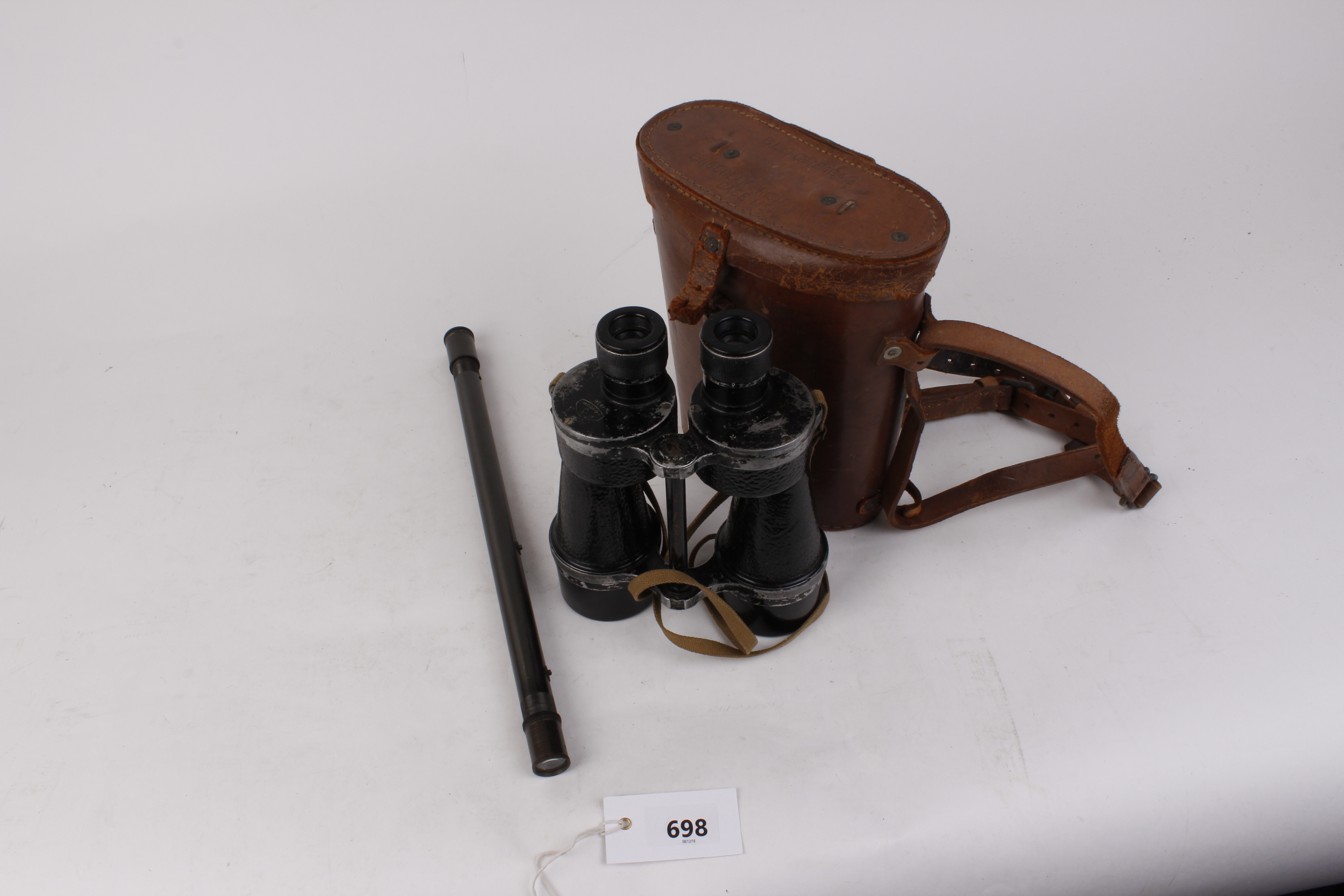 Cased pair of military binoculars (probably tank commander),; early telescopic sight - Image 4 of 4