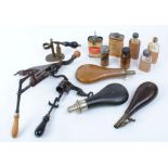 16 bore French roll turnover machine; leather covered powder flask by Hawksley; copper and brass
