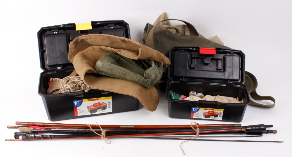 Box containing Toolboxs, cleaning rods, canvas bags, bird scarers, game carrier, waterproofer, etc