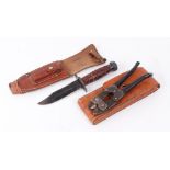 Pair of military issue barbed wire cutters with leather carrier; combat type fighting knife, 5 ins