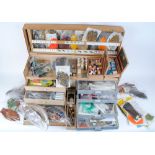 Large wooden multi drawer case of Fly tying equipment and materials, including, silks, cottons