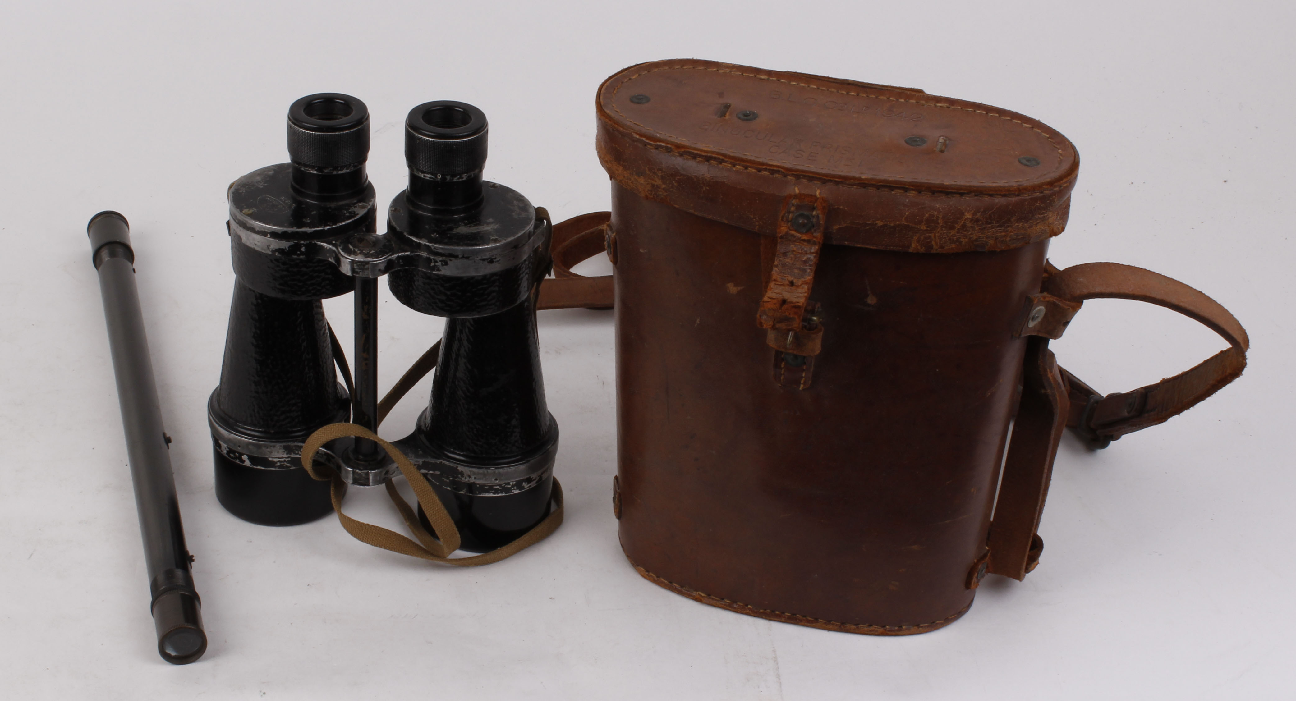 Cased pair of military binoculars (probably tank commander),; early telescopic sight