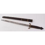 Chinese (replica) broad sword, 22 ins double edged blade, decorated chequered wood grips, brass
