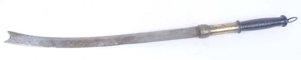 Oriental temple sword with slightly curved single edged blade, concave stop end, brass mounted