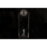 Golf, a glass golfing trophy, having 3D golf figure to inside with golf ball finial, approx 21cm