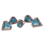 A pair of Middle Eastern turquoise and white sapphire earrings, the turquoise stones of spear head