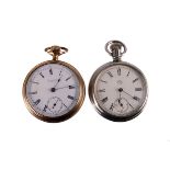 An early 20th century  rolled gold open faced pocket watch,   with damascened top plate and pin