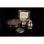 A collection of small silver,  including a pair of salt and pepper shakers, Birmingham 1988, an