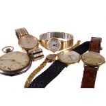 A group of seven watches, including a 9ct gold cased lady's Everite on plated strap, two pocket