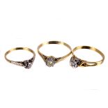 Three single stone diamond rings, each illusion set and mounted in 18ct yellow gold, 7.2g gross